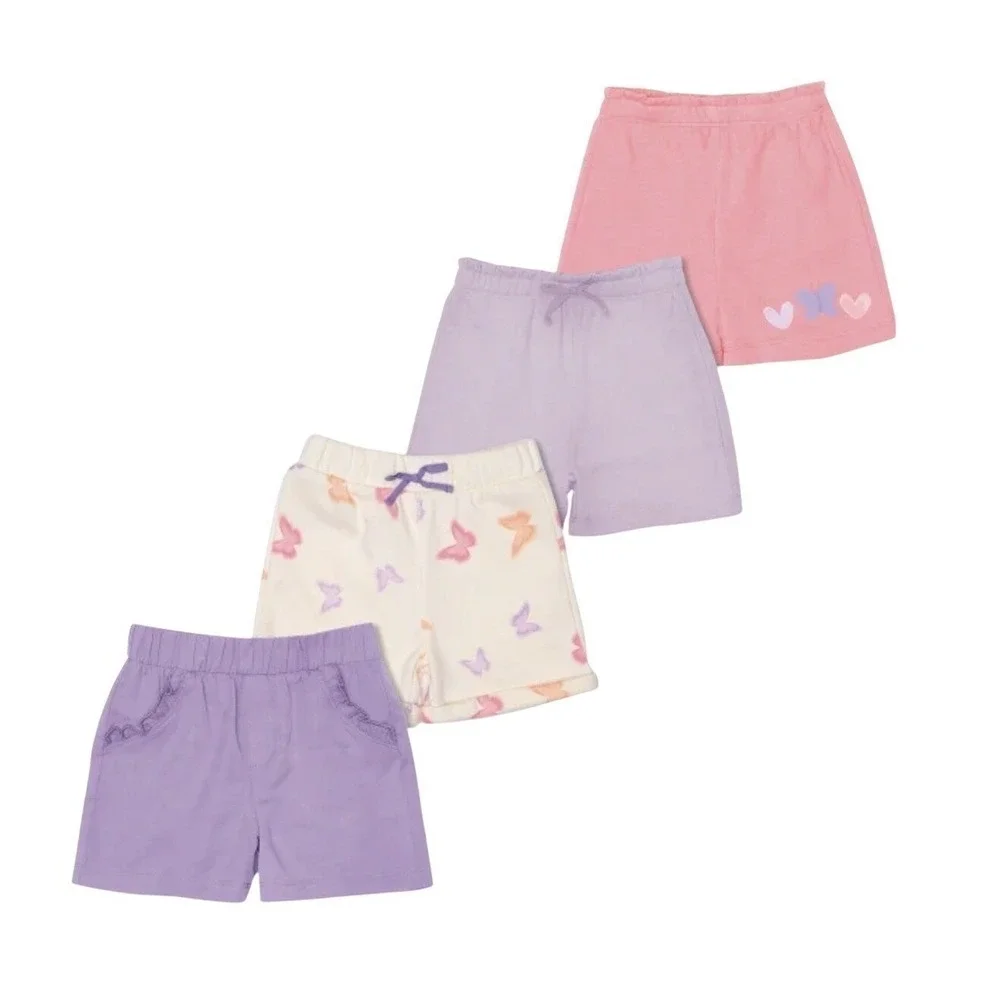 Pekkle Girls 4 Pack Pull On Elastic Waist Shorts Purple Pink Butterfly Hearts 2T